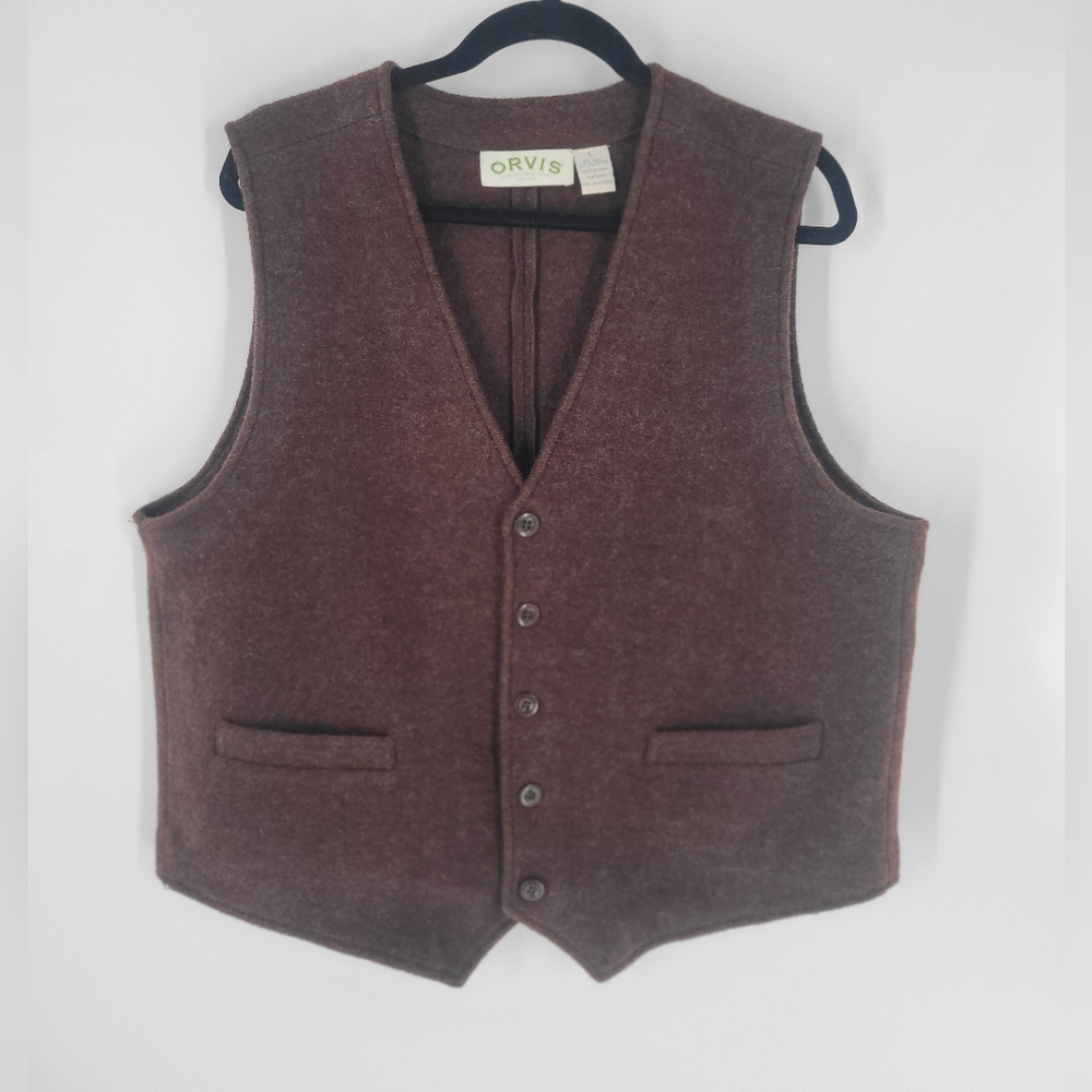 Orvis Mens Boiled Wool Blend Waistcoat Vest L Pockets Medium Brown Buttondown